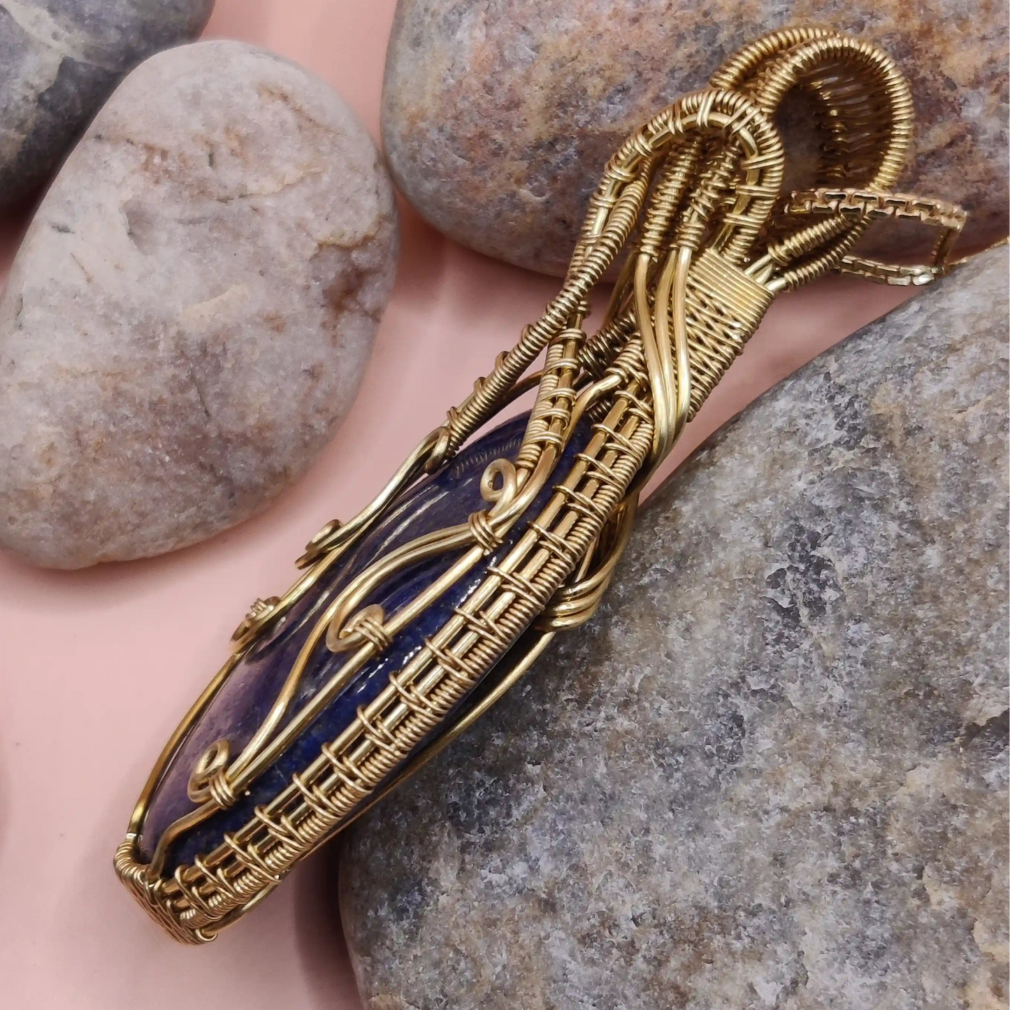 Aadhya lapis lazuli brass pendant 002 side view made by sanguine aura handmade jewelry, India