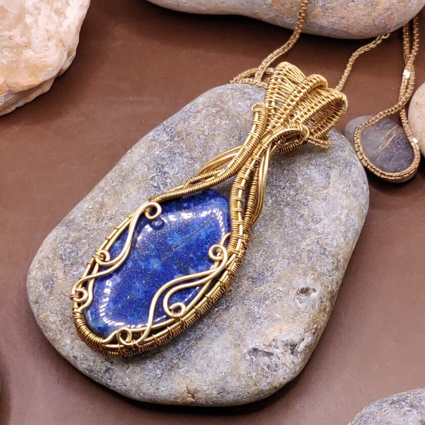 Aadhya lapis lazuli gold colour brass pendant 005 made by sanguine aura handcrafted jewellery, India