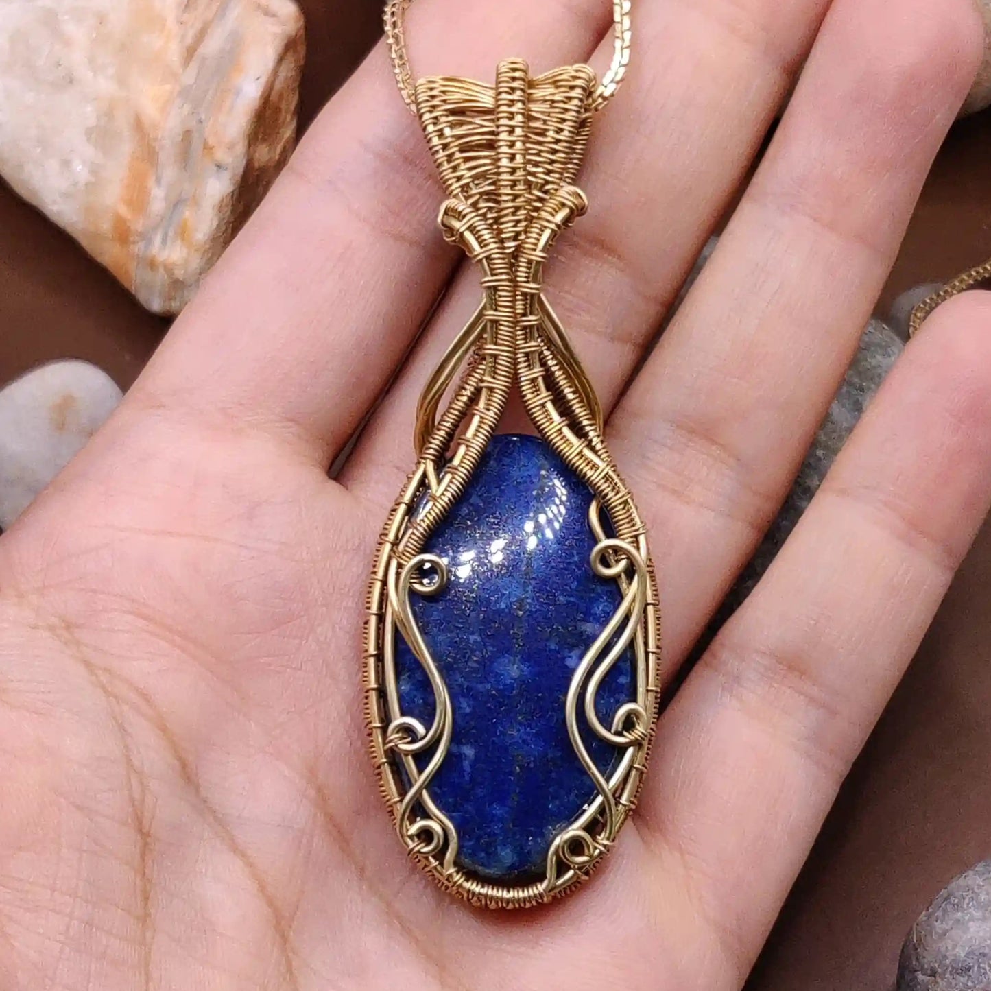 Aadhya lapis lazuli gold tone brass pendant 005 in hand made by sanguine aura with genuine authentic crystal