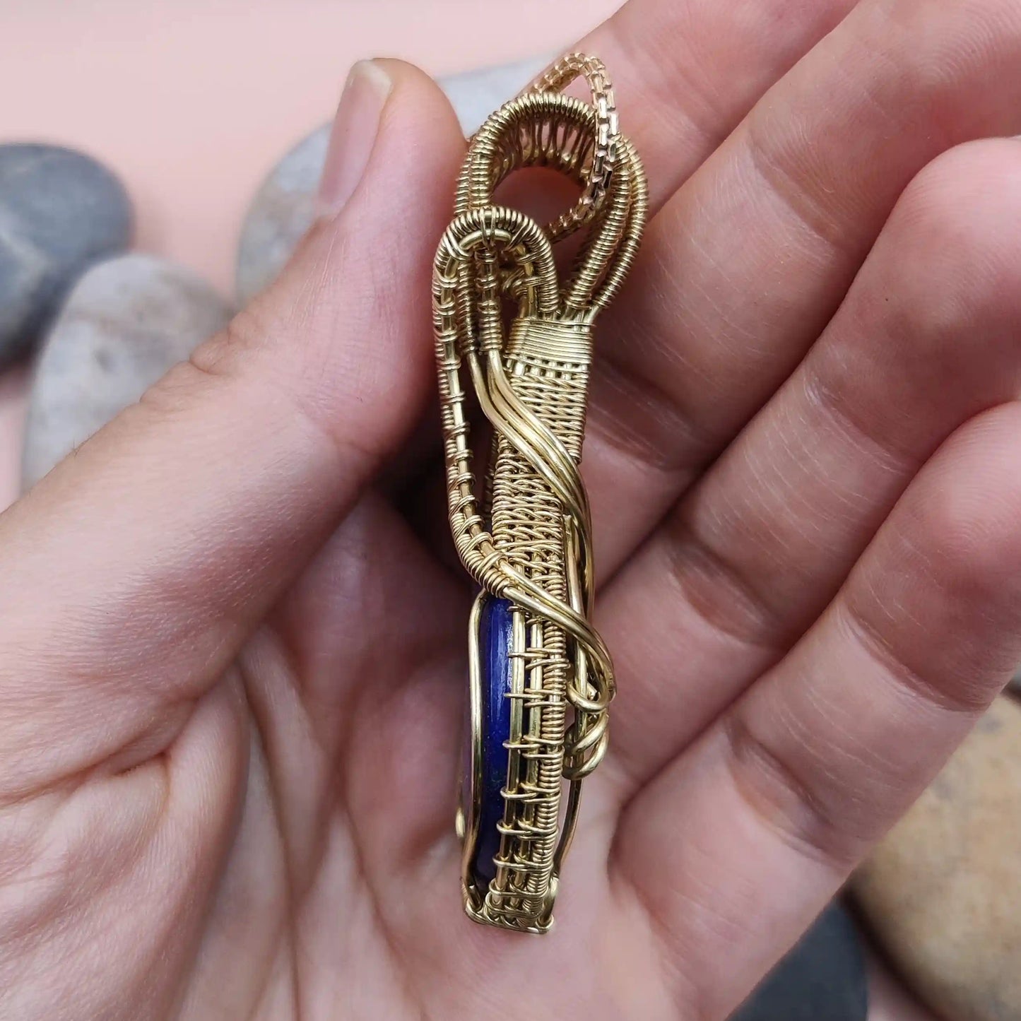 Aadhya lapis lazuli pendant in brass 001 side view made by sanguine aura handcrafted jewellery, India