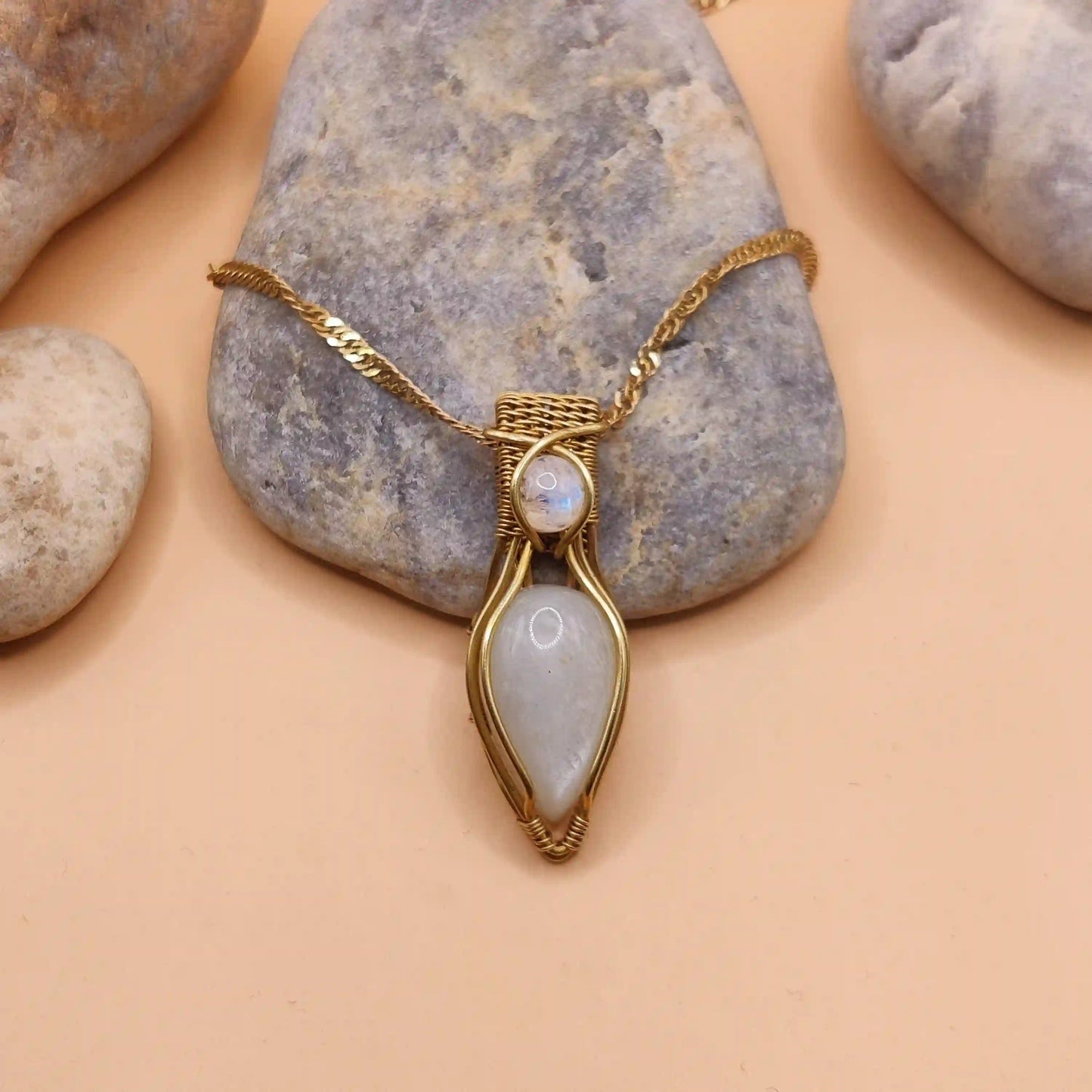 Advithi - White Moonstone and Rainbow Moonstone Necklace By Sanguine Aura Handcrafted Jewellery