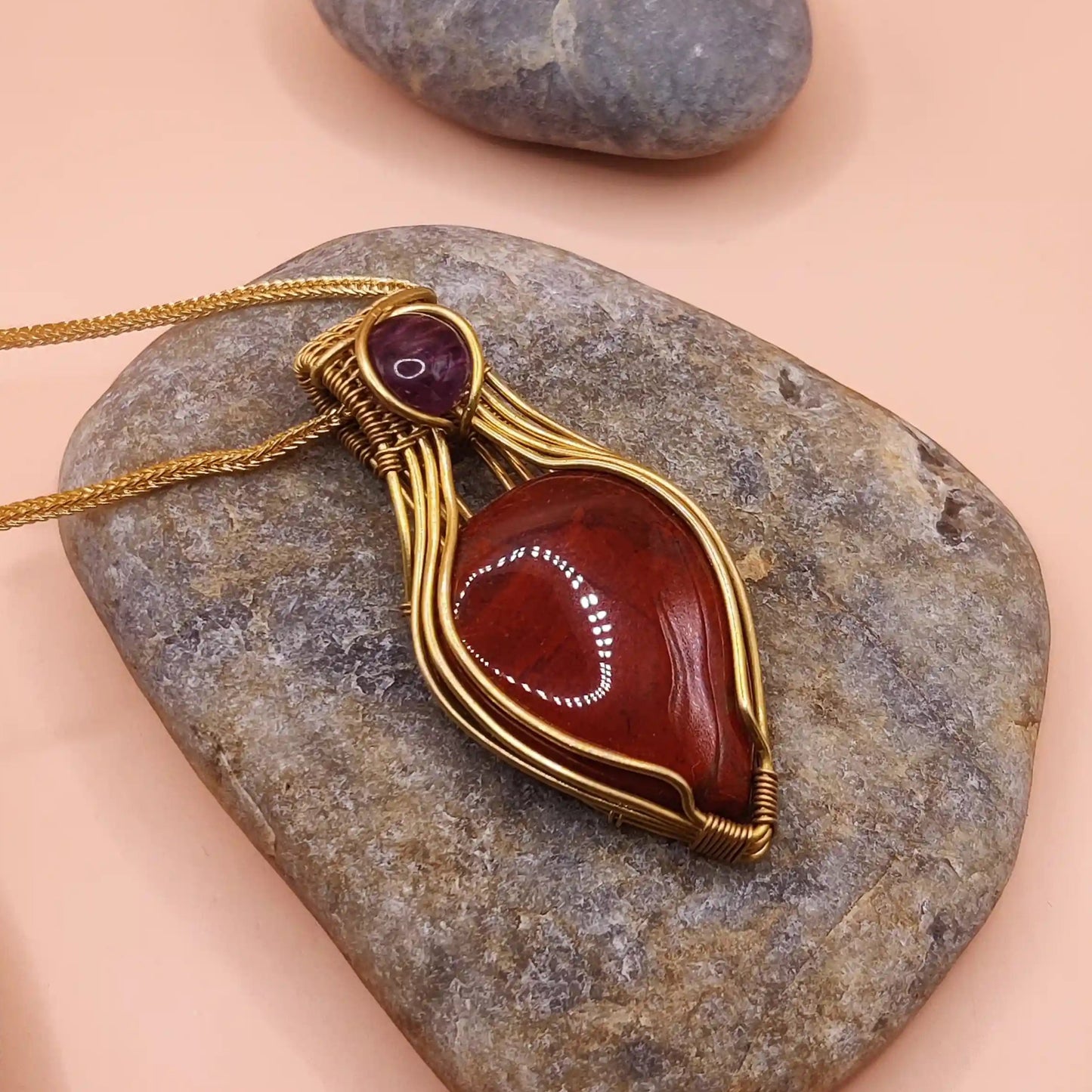 Advithi 002 red jasper and amethyst pendant in brass made by sanguine aura handmade jewellery, India
