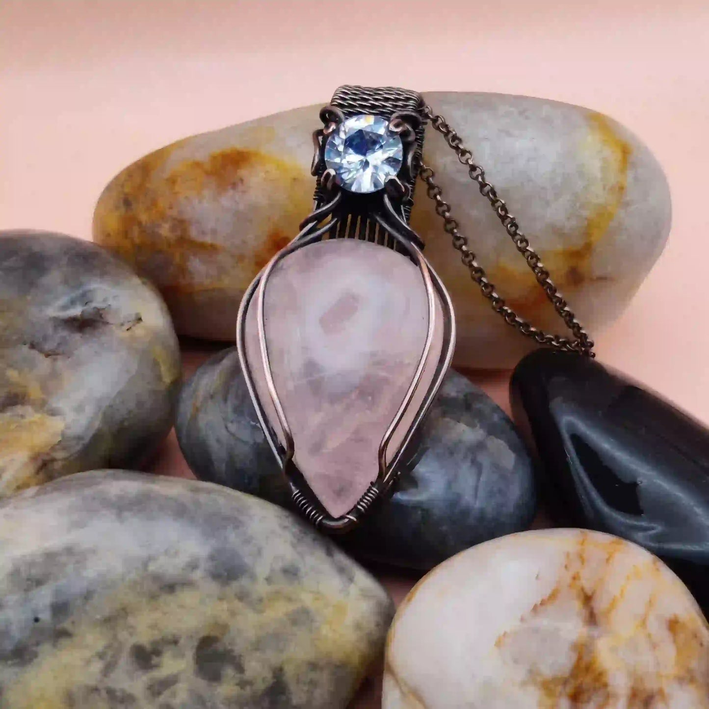 Advithi Rose Quartz And Cubic Zirconia Necklace-001 By Sanguine Aura Handcrafted Jewellery
