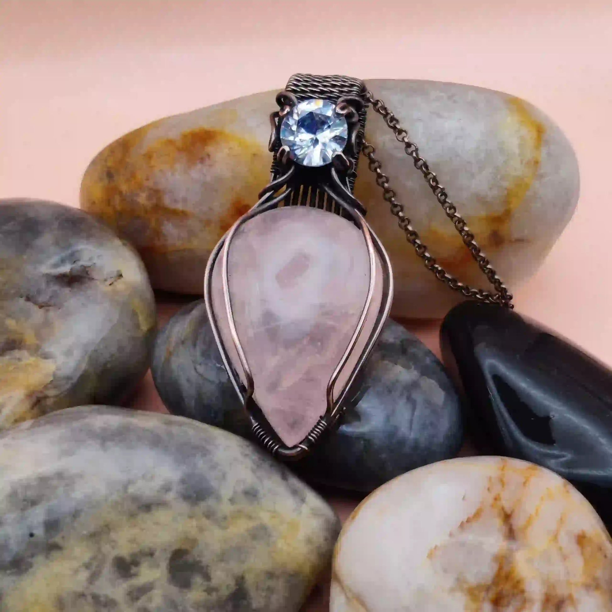 Advithi Rose Quartz And Cubic Zirconia Necklace-001 By Sanguine Aura Handcrafted Jewellery
