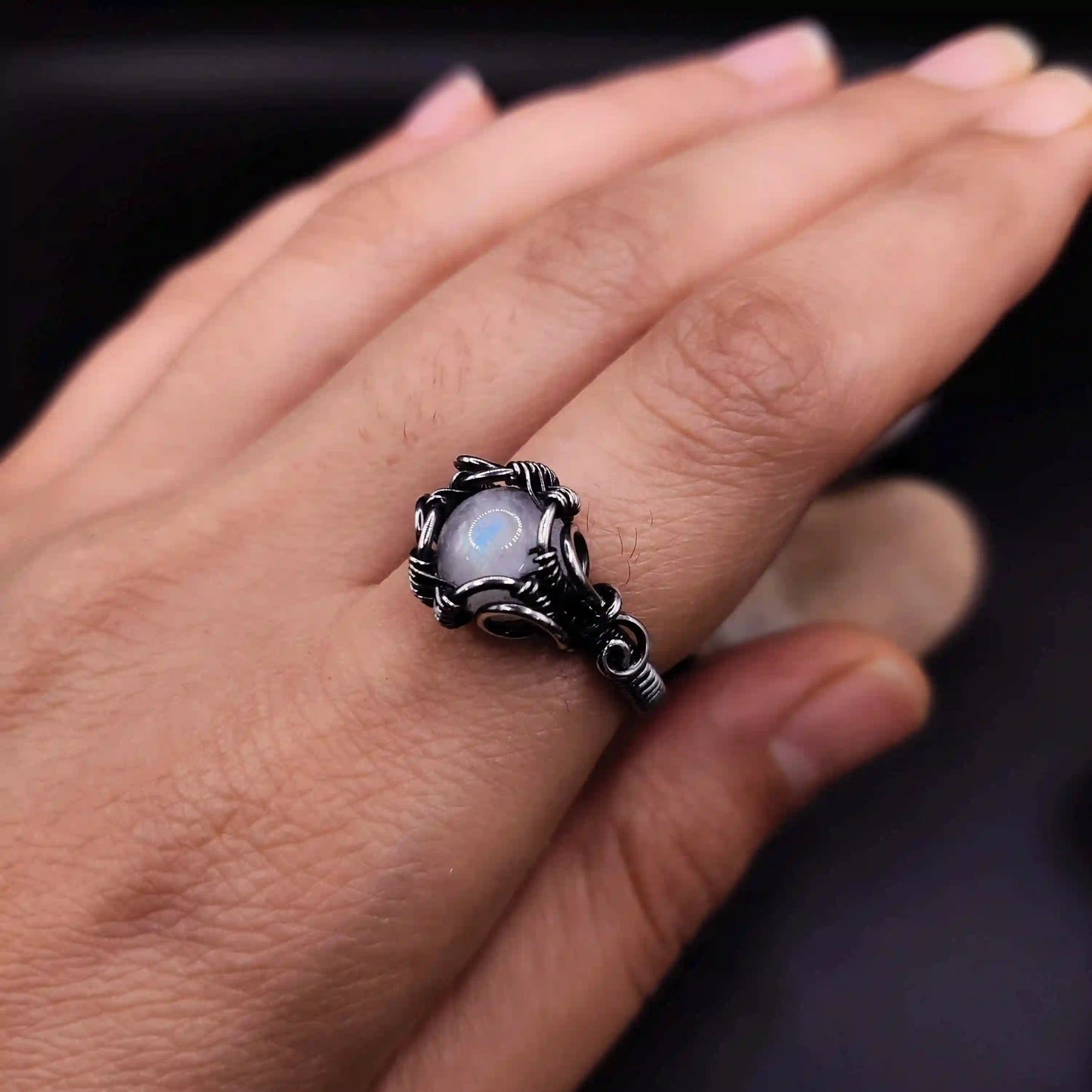 Anya - Rainbow Moonstone Ring SA2 By Sanguine Aura Handcrafted Jewellery