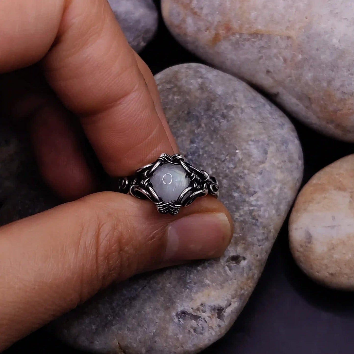 Anya - Rainbow Moonstone Ring SA3 By Sanguine Aura Handcrafted Jewellery