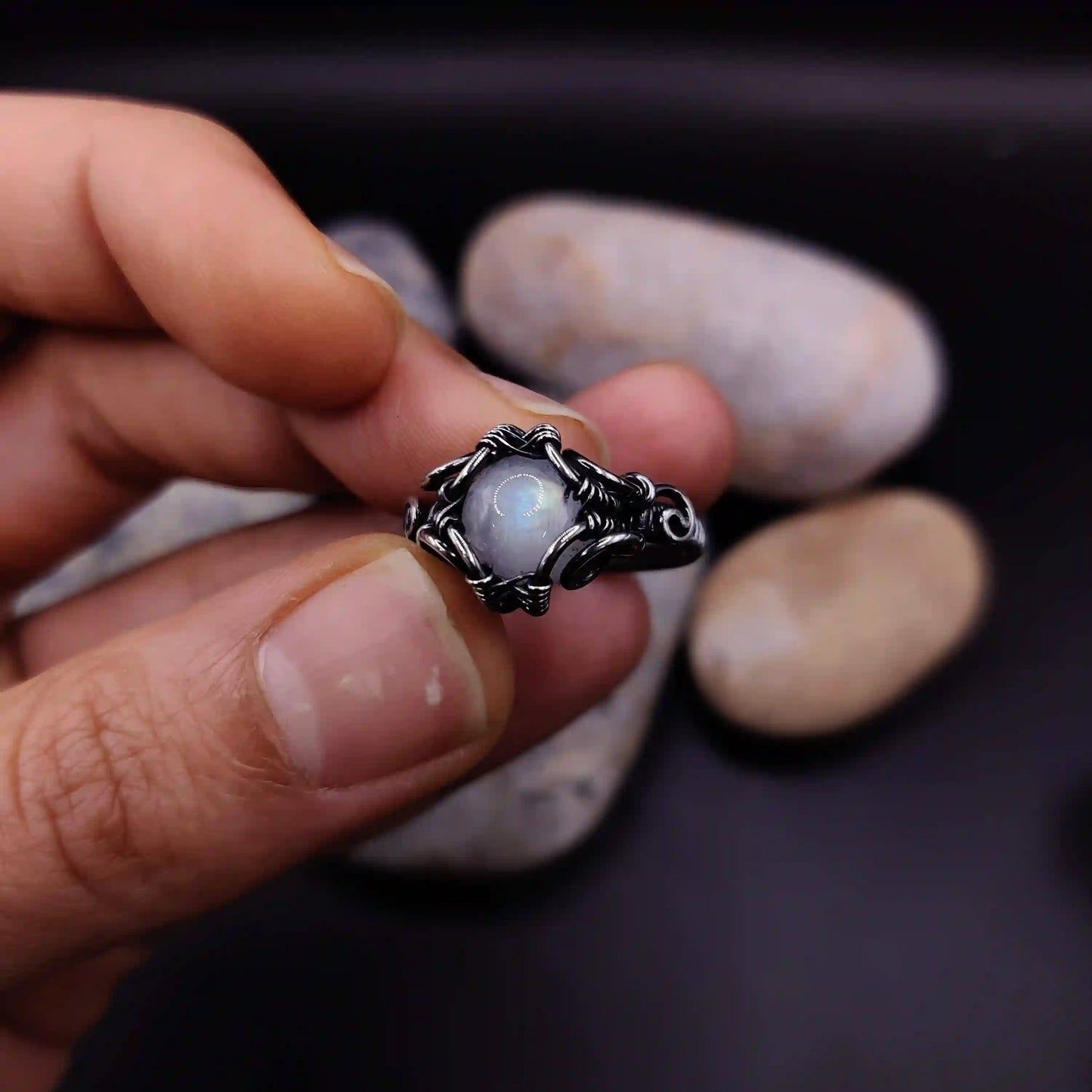 Anya - Rainbow Moonstone Ring SA5 By Sanguine Aura Handcrafted Jewellery