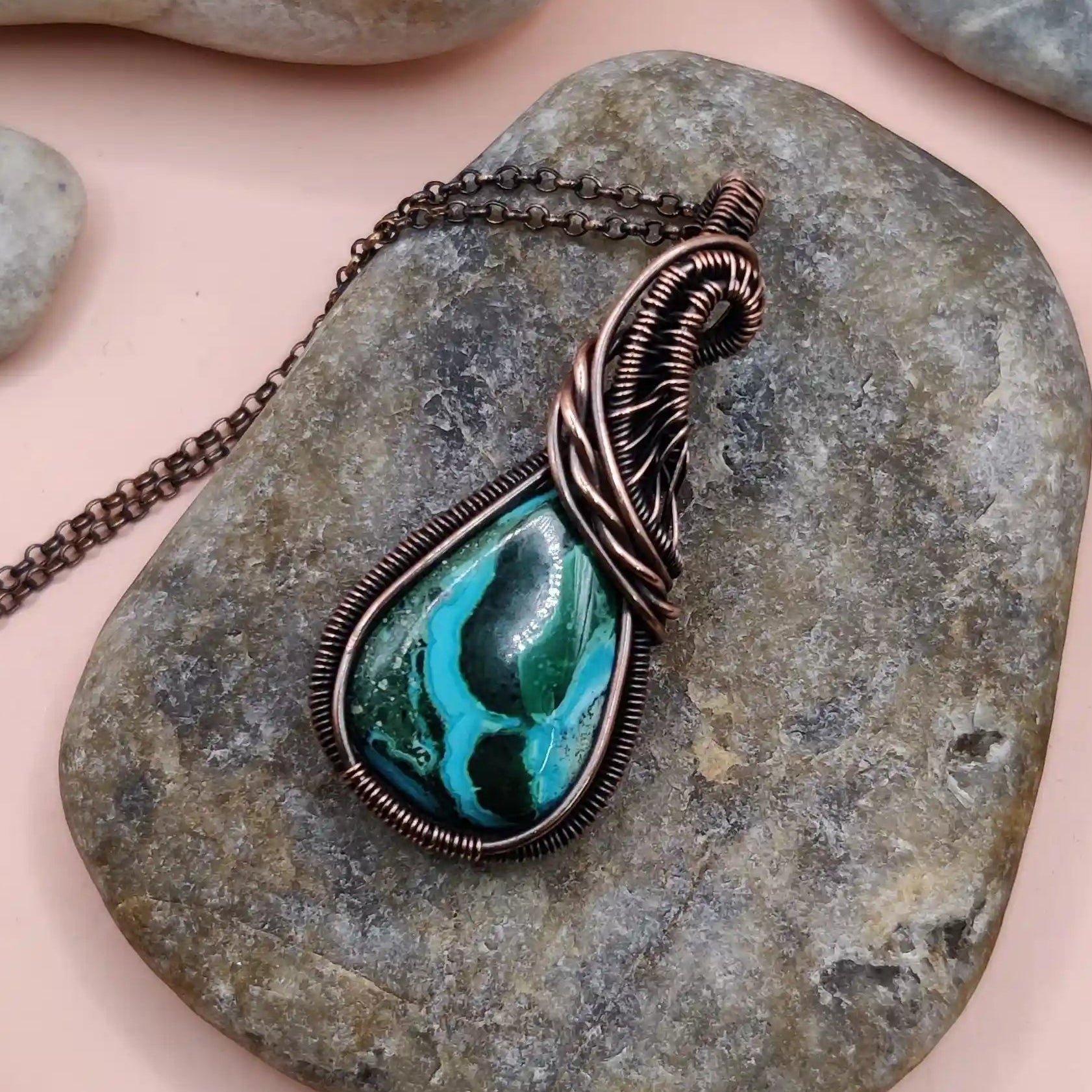 crystal of fortune- malachite with crystal of intuition naturally occuring in a pendant made with copper by sanguine aura handcrafted jewellery, India