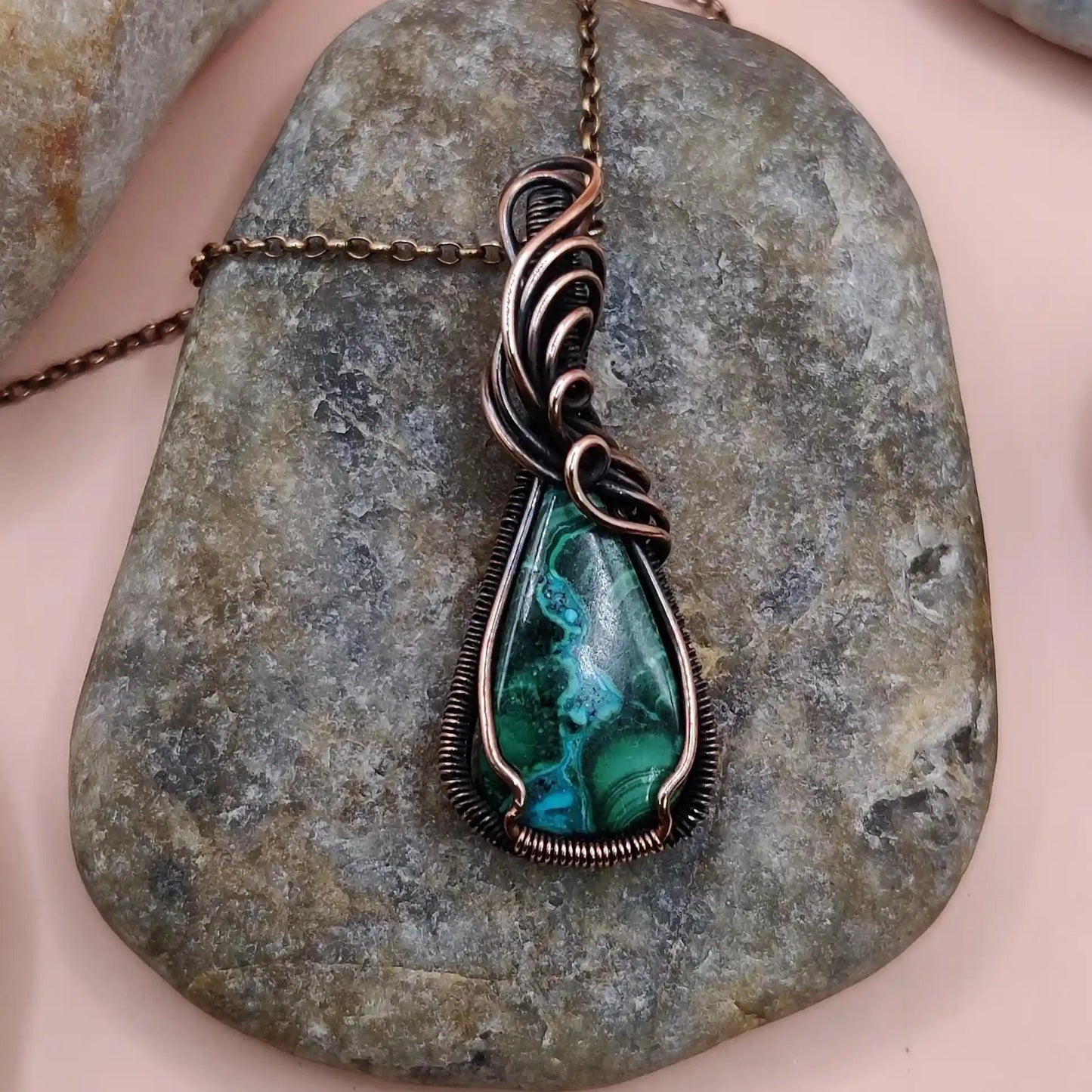 rare crystal that has naturally grown together- chrysocolla malachite together naturally in pendant form by sanguine aura handcrafted jewellery