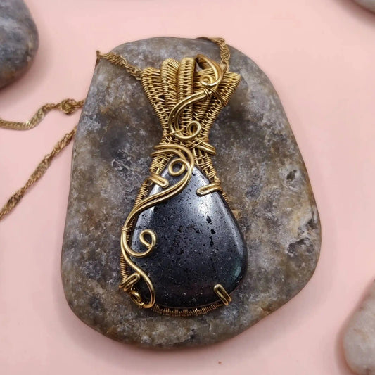 Chaitya - hematite Necklace - 001 in brass designed by sanguine aura handcrafted crystal jewellery