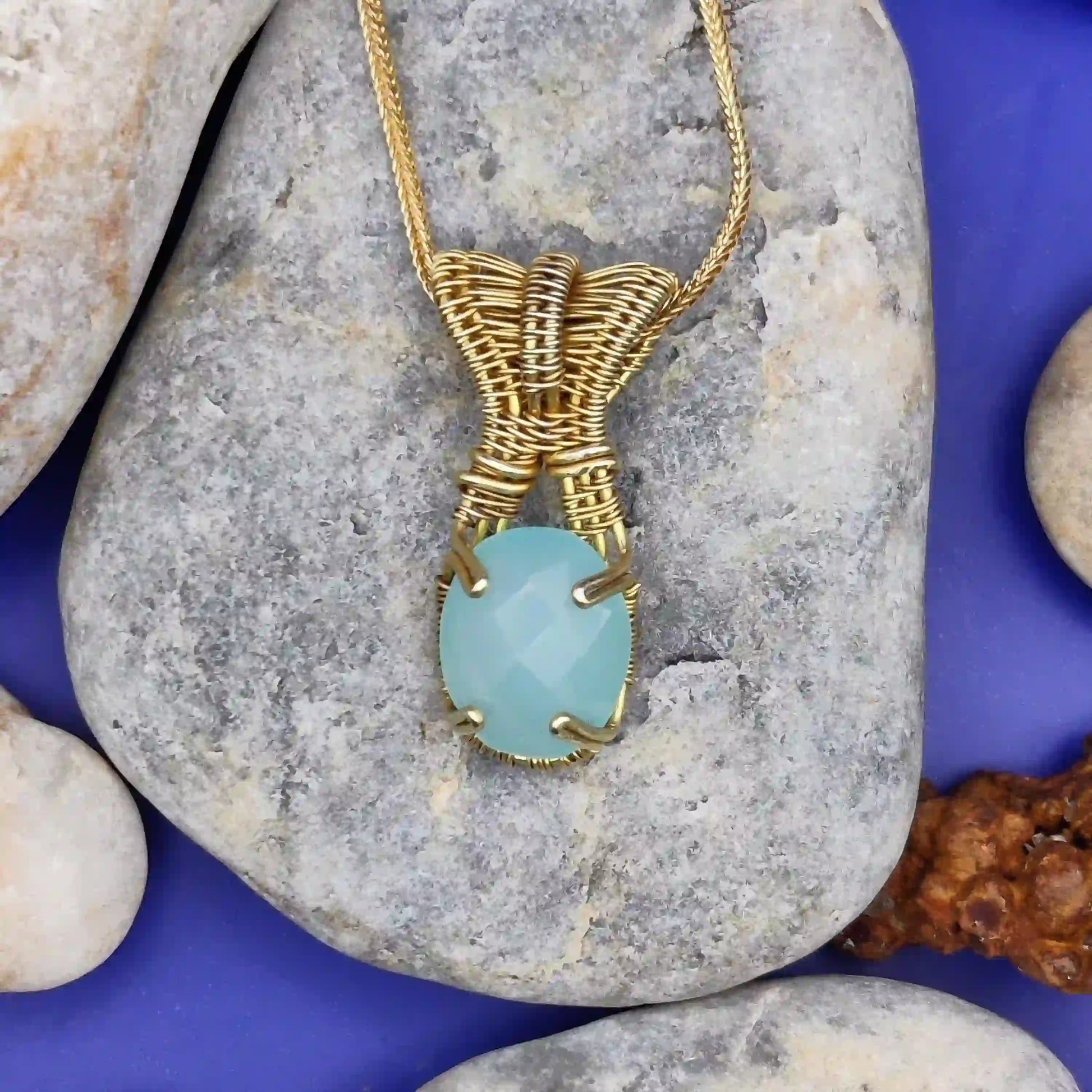 Chaitya Aqua Chalcedony Necklace in Brass By Sanguine Aura Handcrafted Jewellery