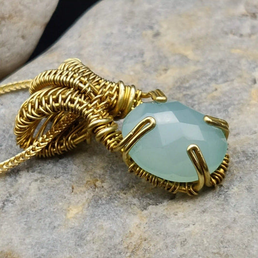 Chaitya Aqua Chalcedony Necklace in Brass SA1 By Sanguine Aura Handcrafted Jewellery