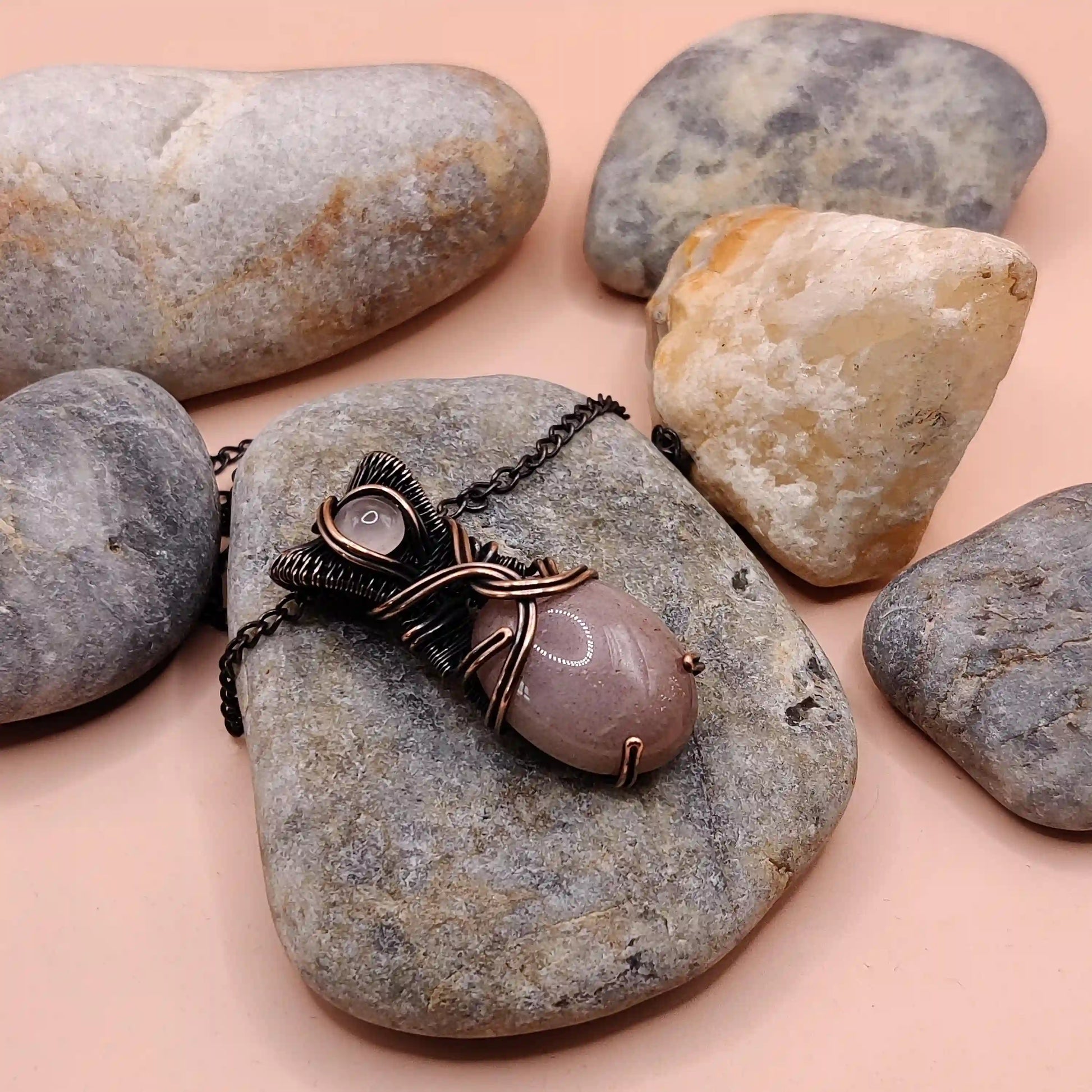 Daiva- Peach Moonstone And Rose Quartz Necklace 001 SA2 By Sanguine Aura Handcrafted Jewellery