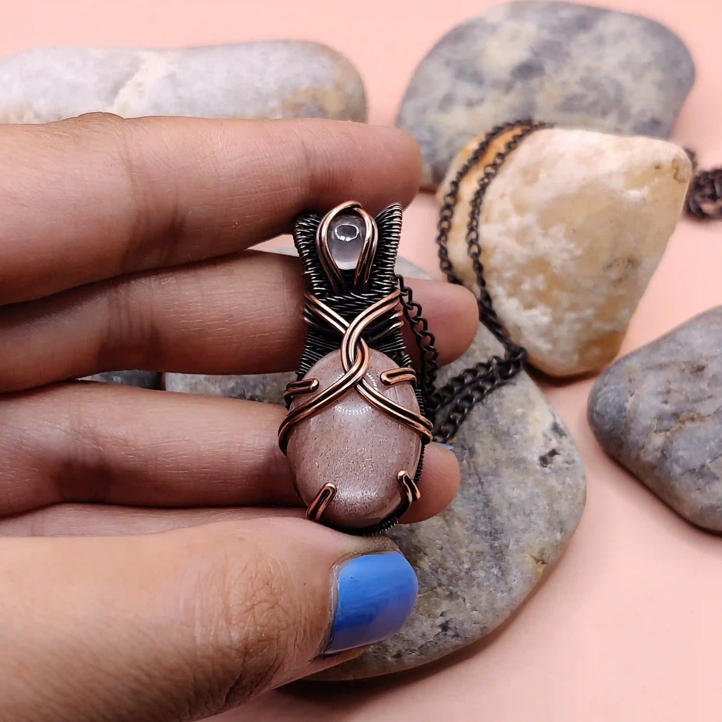 Daiva- Peach Moonstone And Rose Quartz Necklace 001 SA4 By Sanguine Aura Handcrafted Jewellery