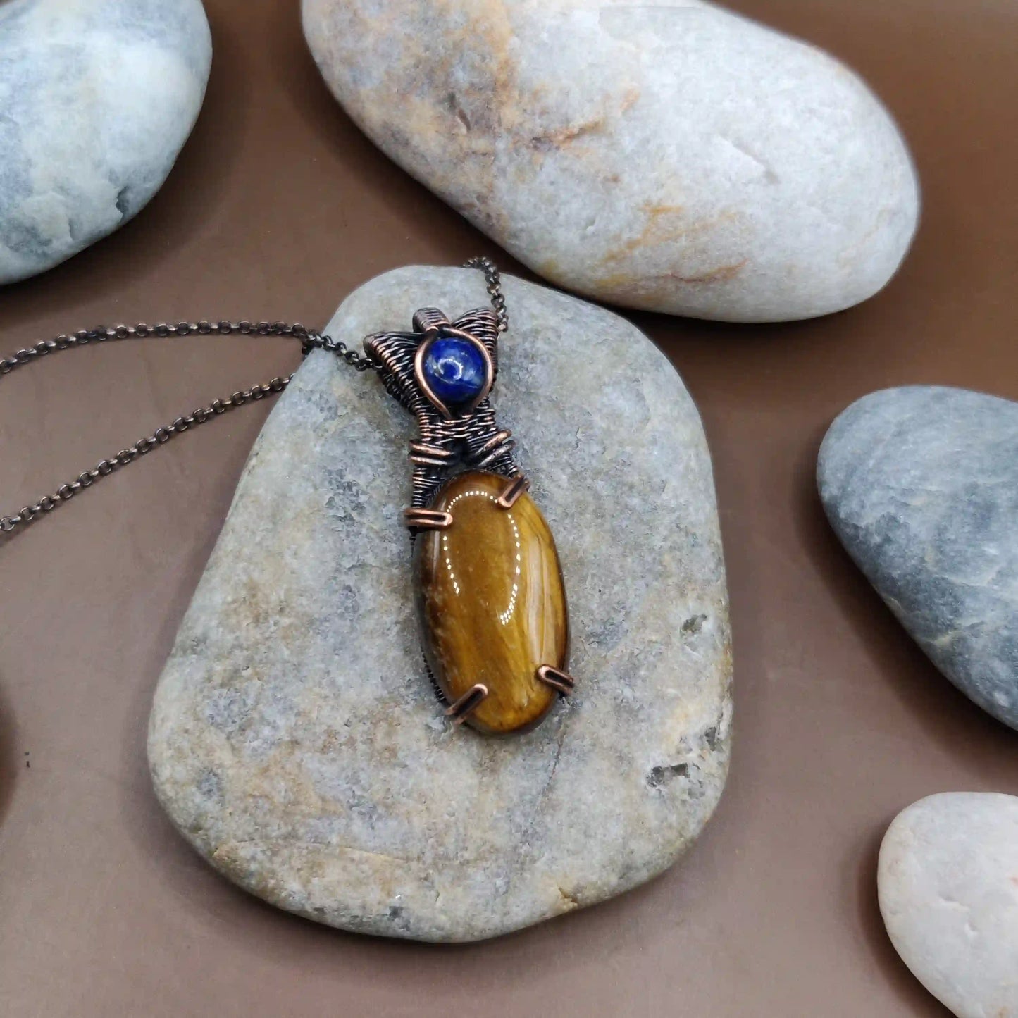 Daiva - Tiger's Eye and Lapis Lazuli Necklace 001 By Sanguine Aura Handcrafted Jewellery. Healing Benefits of Tiger's Eye and Lapis Lazuli - Strength, clarity, wisdom, peace.