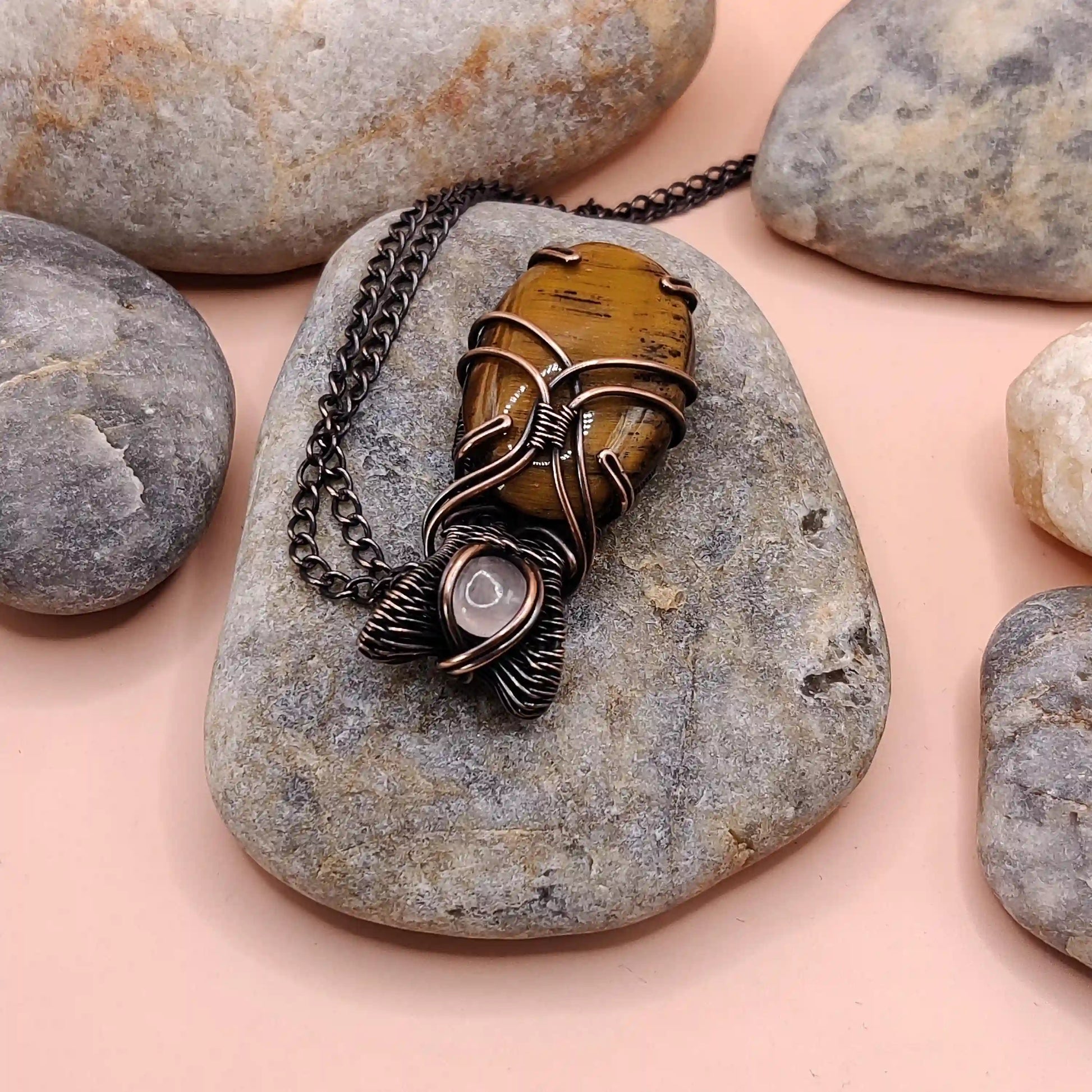 Daiva - Tiger's Eye and Rose Quartz Necklace By Sanguine Aura Handcrafted Jewellery.