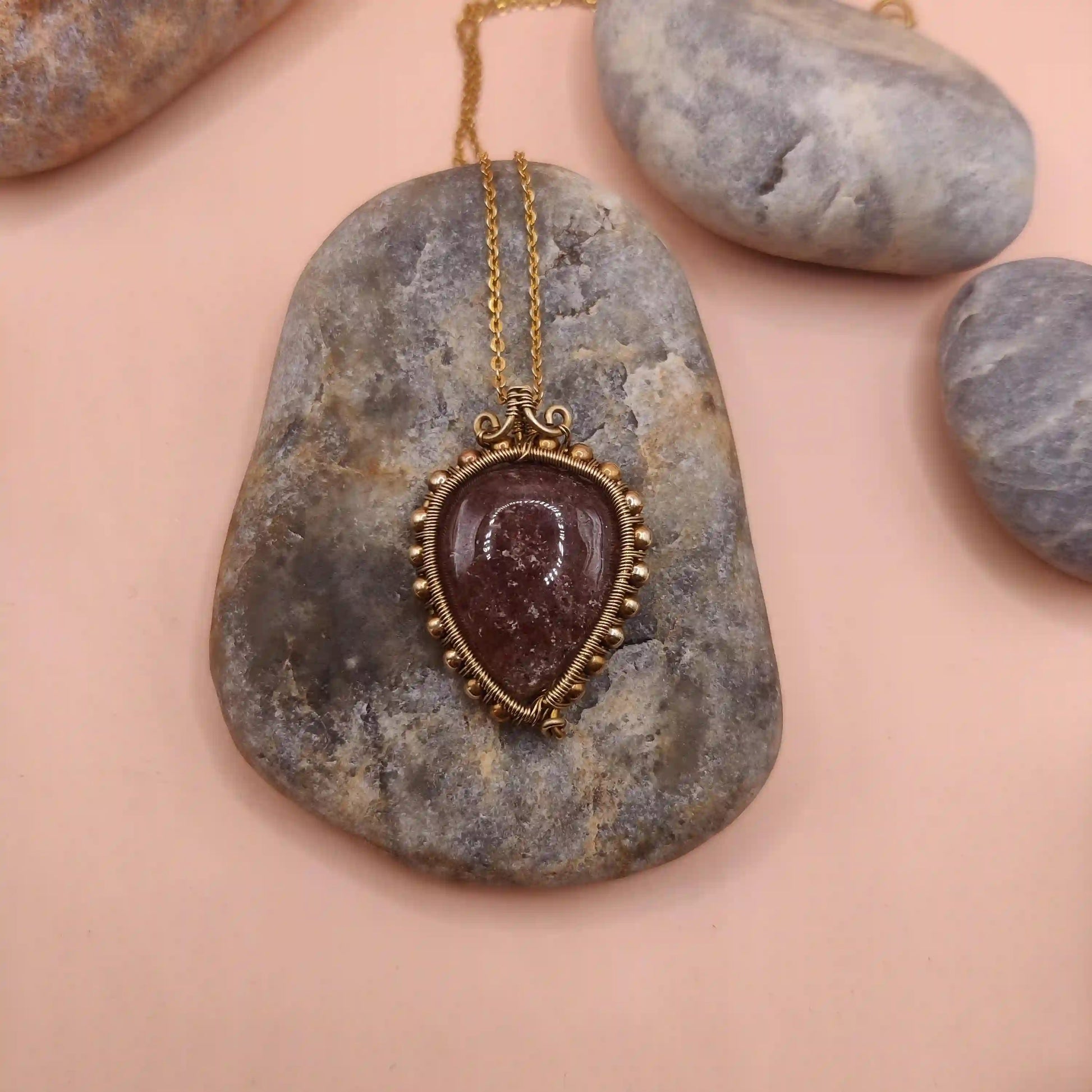 Hridya - Strawberry Quartz Necklace In Brass By Sanguine Aura Handcrafted Jewellery