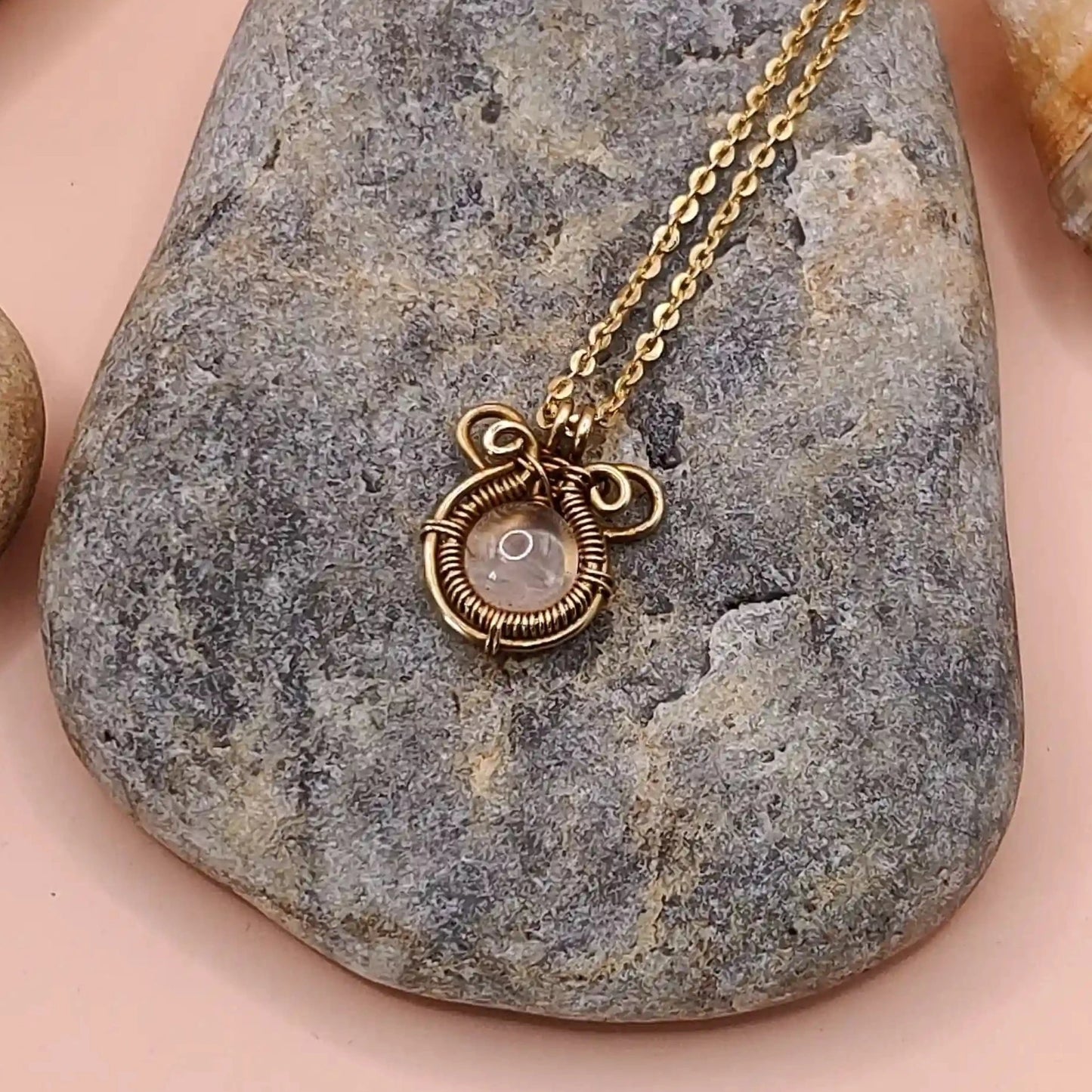 Minnie Rose Quartz pendant in brass by sanguine aura handcrafted jewellery