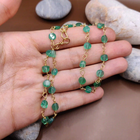 Kiran - Green Onyx Chain By Sanguine Aura Handcrafted Jewellery. Healing Benefits Of Green Onyx - Confidence, resilience, peace, communication, growth.