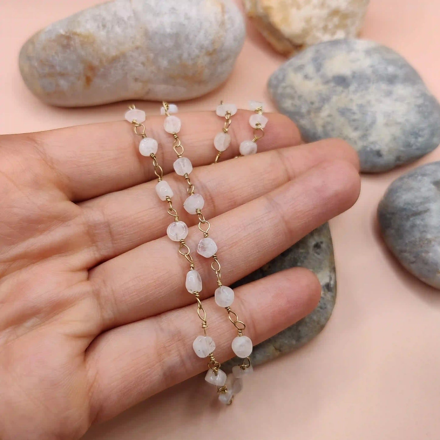 Kiran - Rainbow Moonstone Chain By Sanguine Aura Handcrafted Jewellery. Healing Benefits Of Rainbow Moonstone - Calm, Creativity, Intuition.