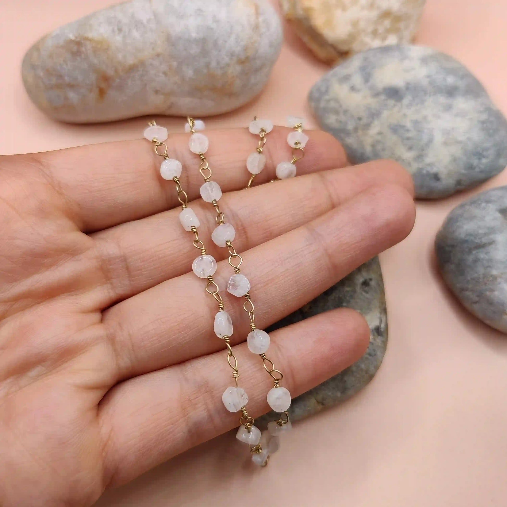 Kiran - Rainbow Moonstone Chain By Sanguine Aura Handcrafted Jewellery. Healing Benefits Of Rainbow Moonstone - Calm, Creativity, Intuition.