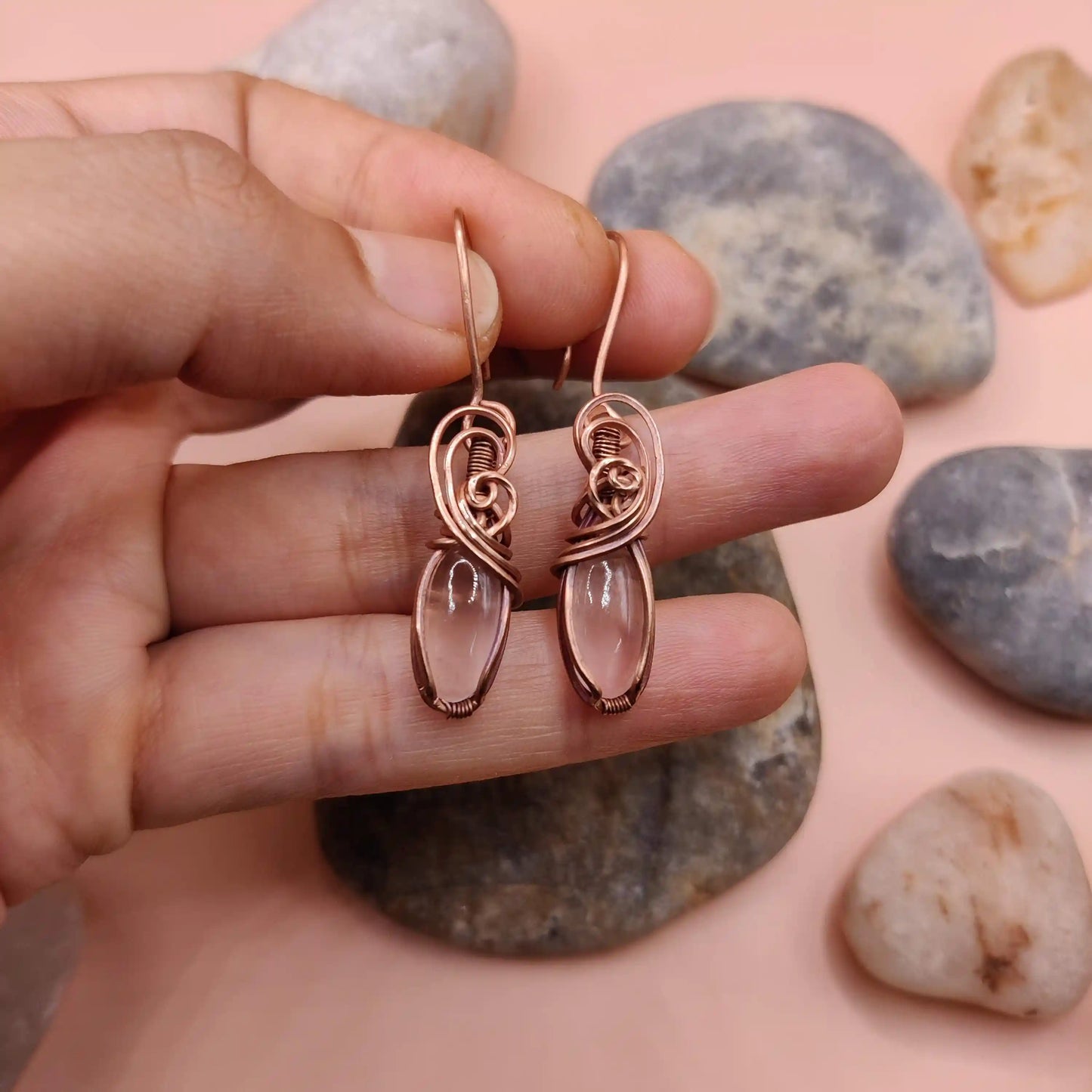 Mia - Rose Quartz Copper Earrings
