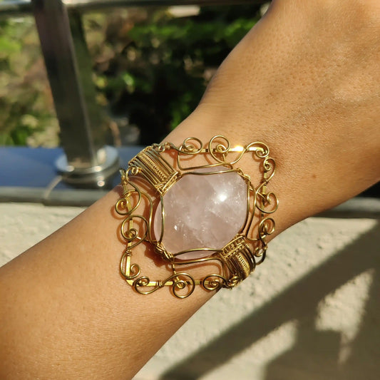 Gauranga - Rose Quartz Brass Cuff Bracelet - 002