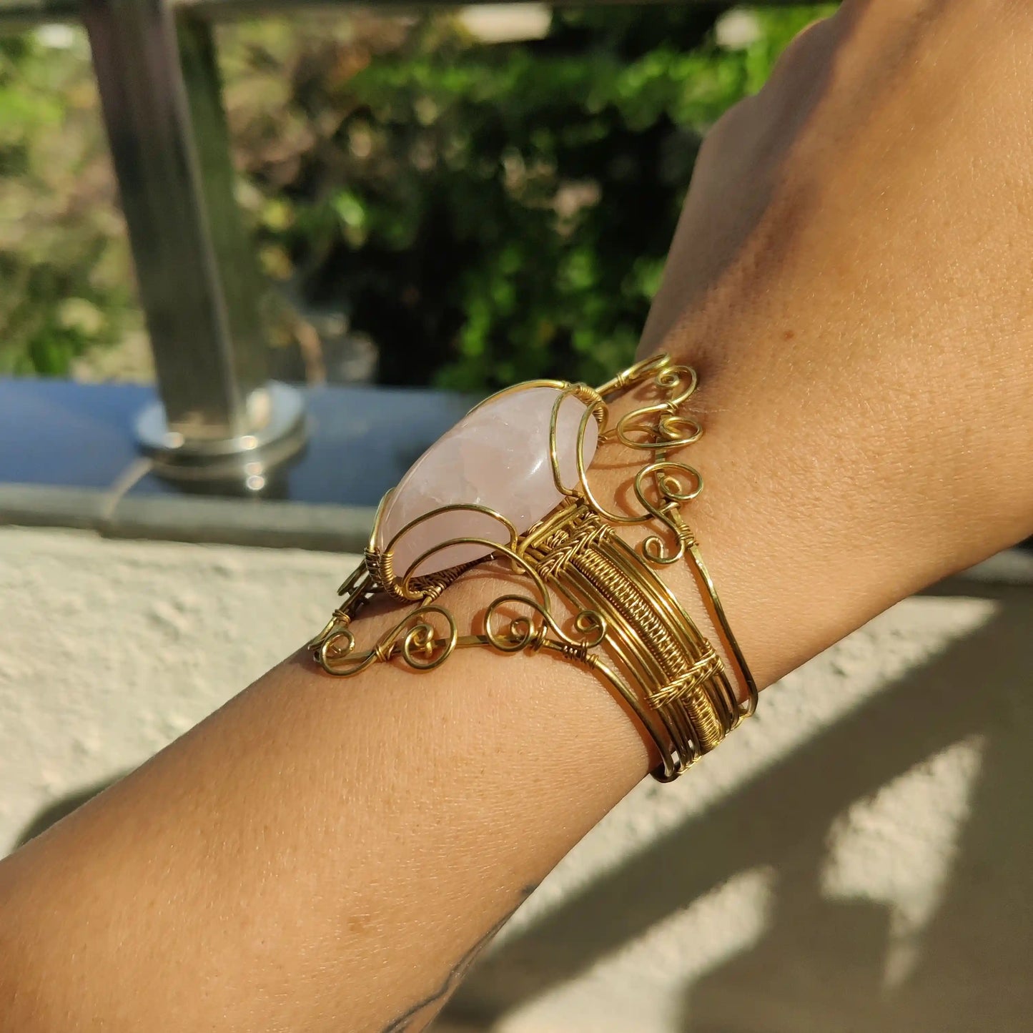 Gauranga - Rose Quartz Brass Cuff Bracelet - 002