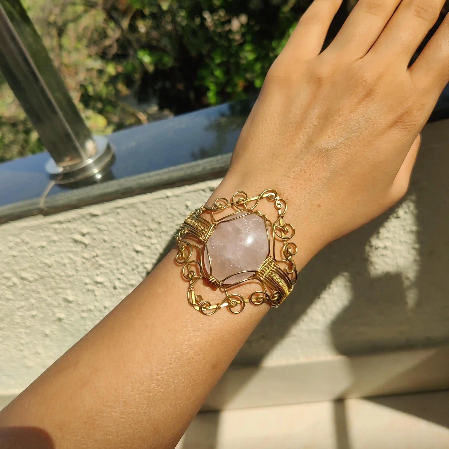 Gauranga - Rose Quartz Brass Cuff Bracelet - 002
