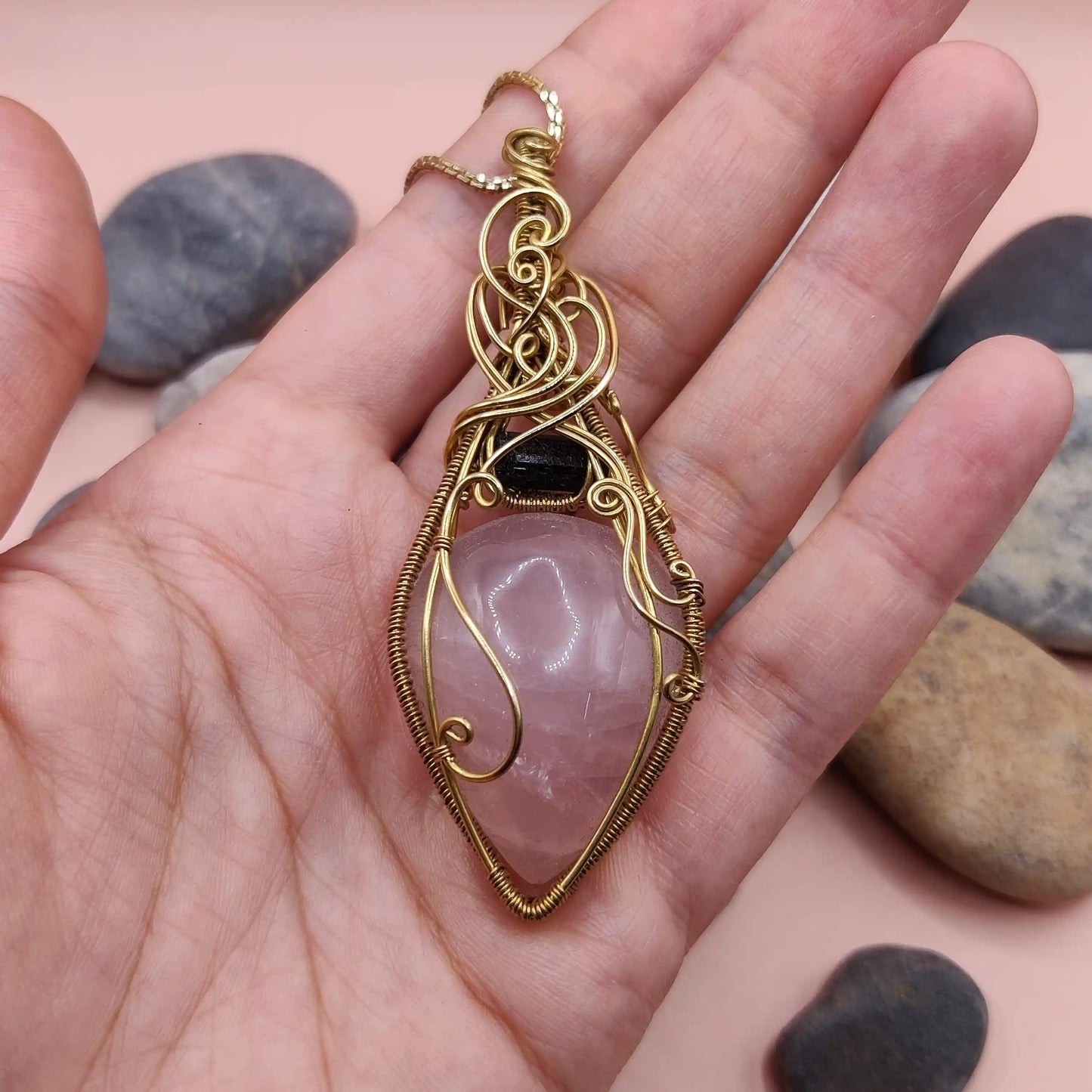 Mahesha - Rose Quartz & Raw Black Tourmaline Necklace 002