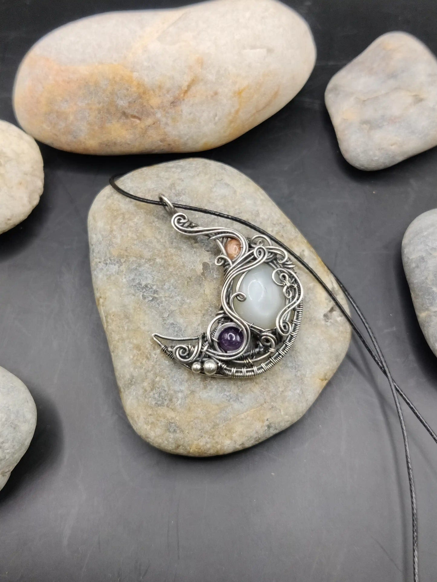 Lusine - White Moonstone, Sunstone and Amethyst Silver Pendant