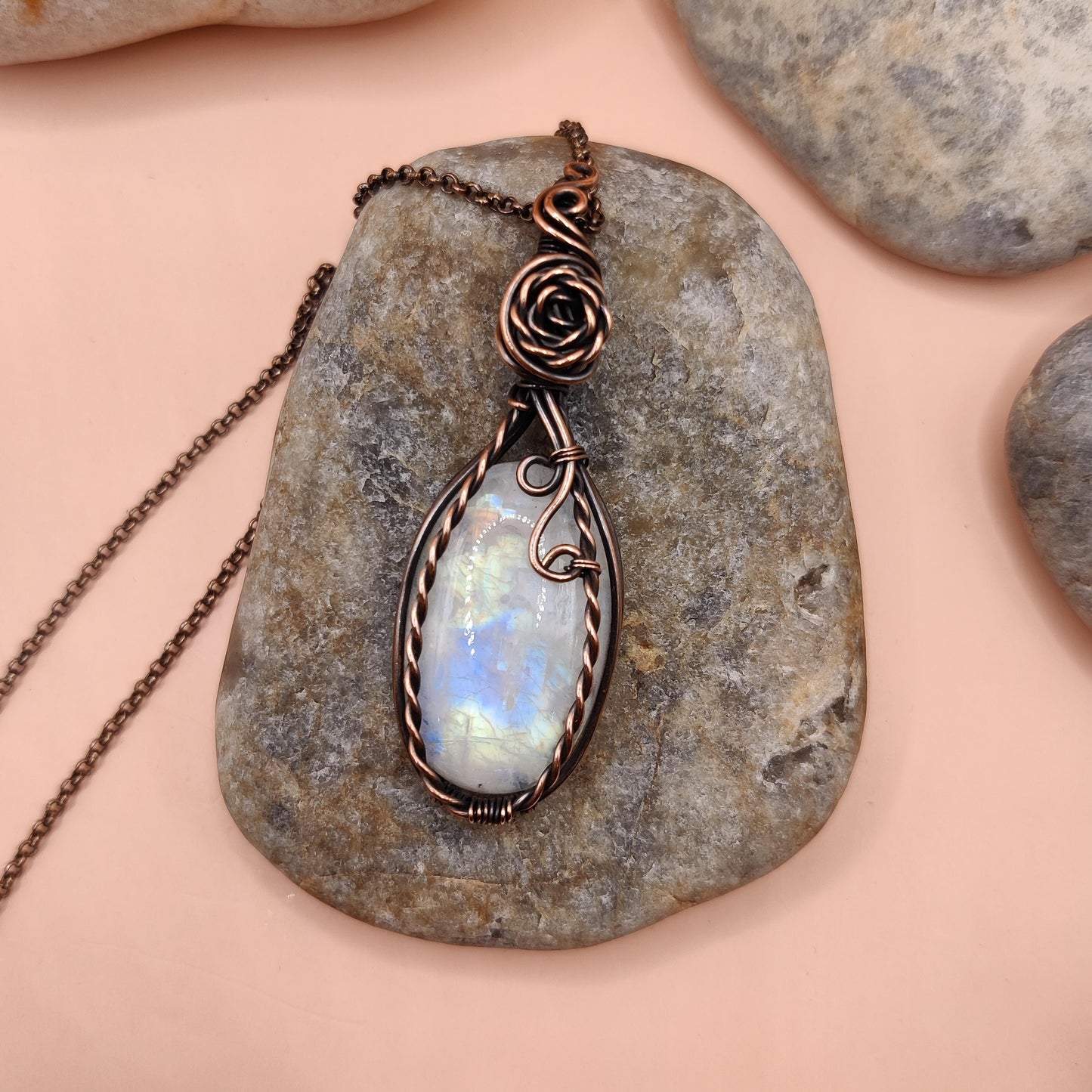Janak - Rainbow Moonstone Necklace By Sanguine Aura Handcrafted Jewellery. Healing Benefits Of Rainbow Moonstone - Calm, Creativity, Intuition.