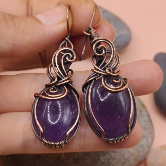 Kimaya Amethyst copper earrings 003 made by sanguine aura handcrafted jewellery