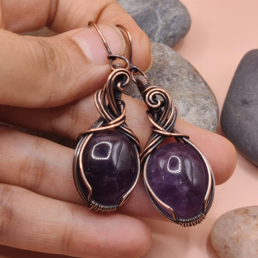 Kimaya amethyst earrings in copper 002 made by sanguine aura handcrafted jewellery