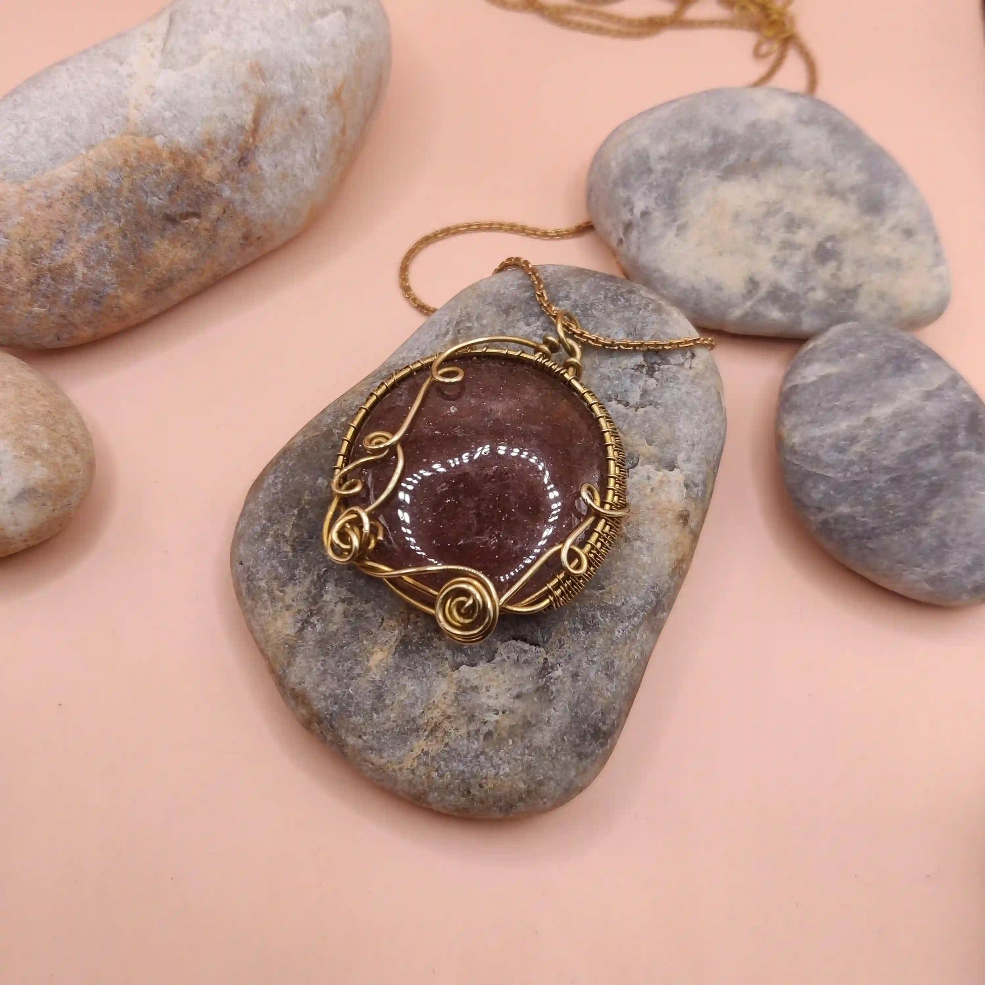 Manovriti - Strawberry Quartz Necklace In Brass 002 By Sanguine Aura Handcrafted Jewellery