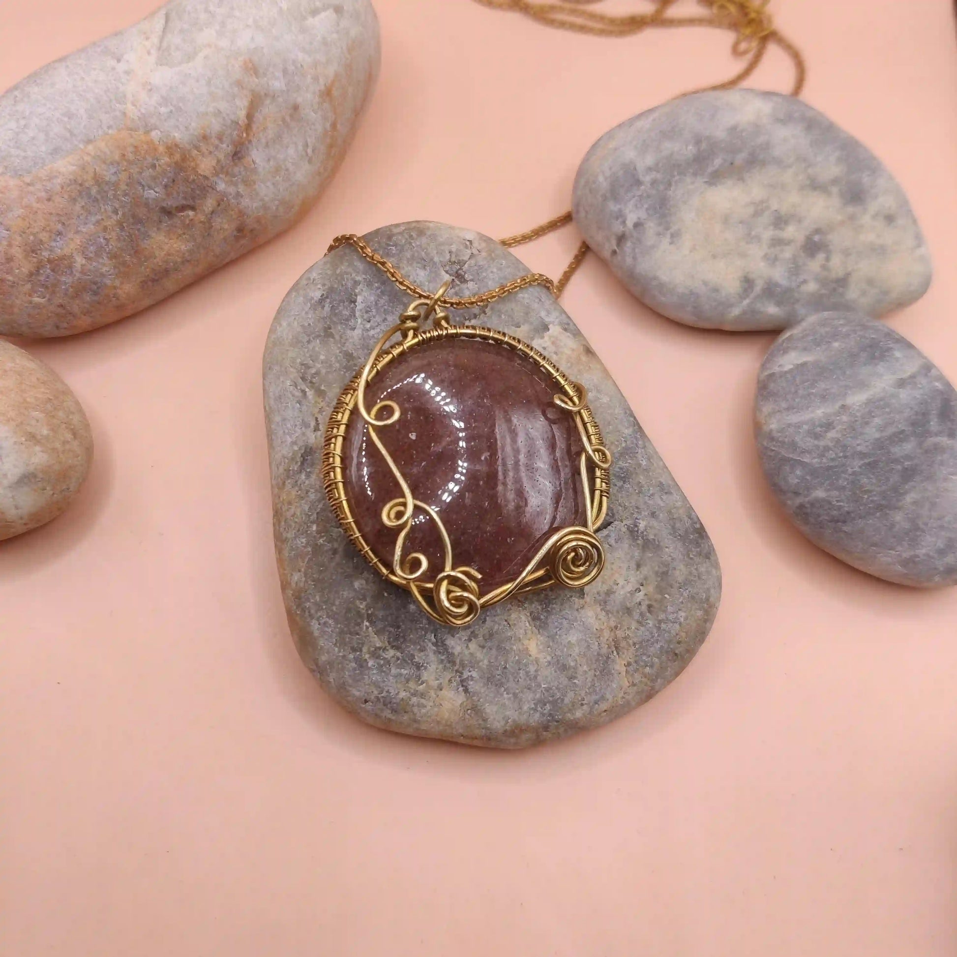 Manovriti - Strawberry Quartz Necklace In Brass 002 SA1 By Sanguine Aura Handcrafted Jewellery
