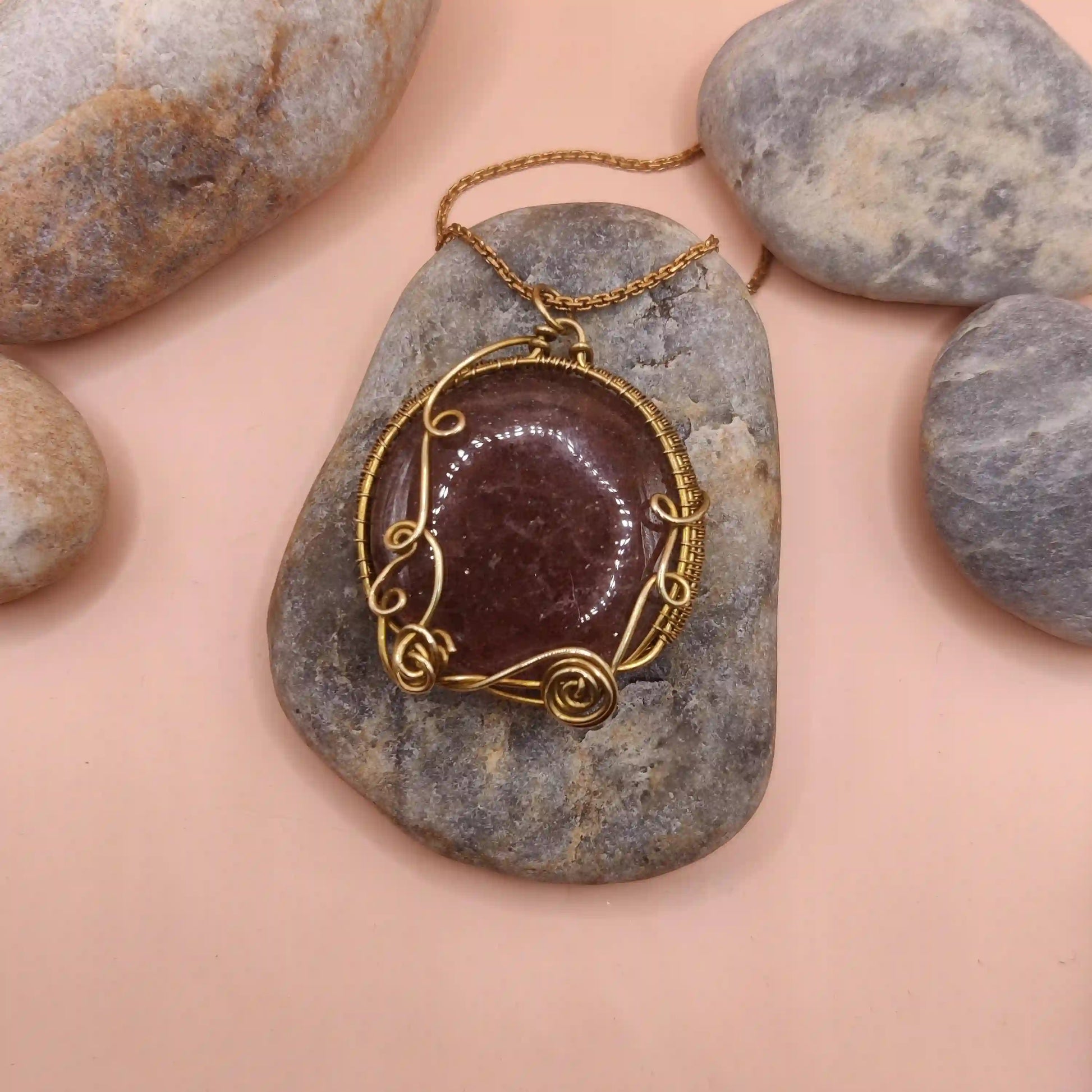 Manovriti - Strawberry Quartz Necklace In Brass 002 SA2 By Sanguine Aura Handcrafted Jewellery