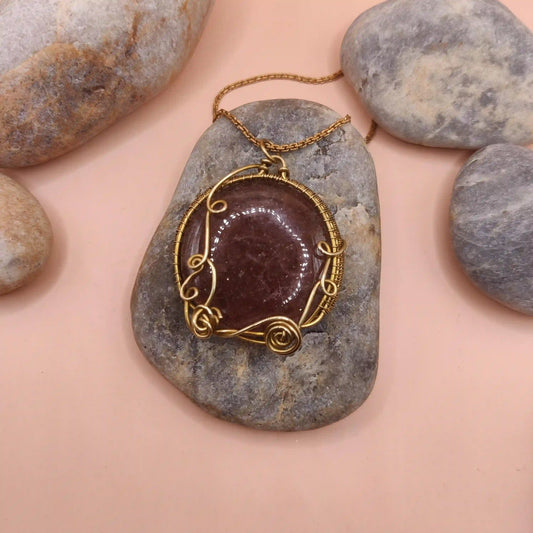 Manovriti - Strawberry Quartz Necklace In Brass 002 SA2 By Sanguine Aura Handcrafted Jewellery