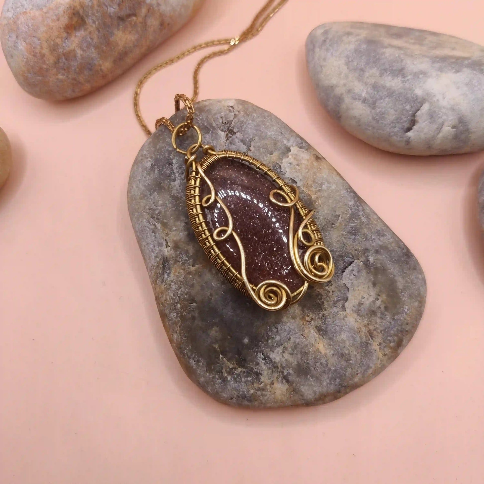 Manovriti - Strawberry Quartz Necklace In Brass 003 By Sanguine Aura Handcrafted Jewellery