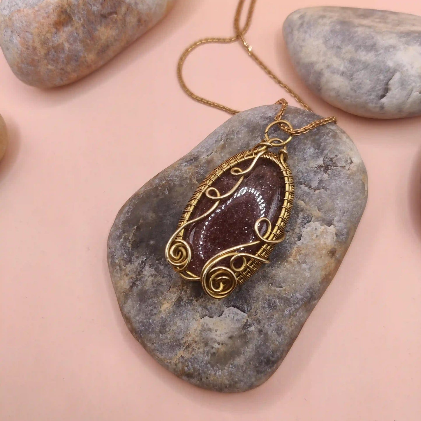 Manovriti - Strawberry Quartz Necklace In Brass 003 SA1 By Sanguine Aura Handcrafted Jewellery