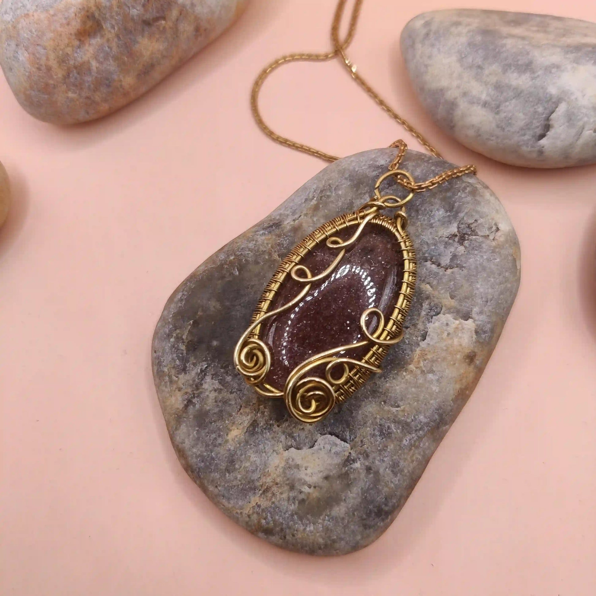 Manovriti - Strawberry Quartz Necklace In Brass 003 SA1 By Sanguine Aura Handcrafted Jewellery