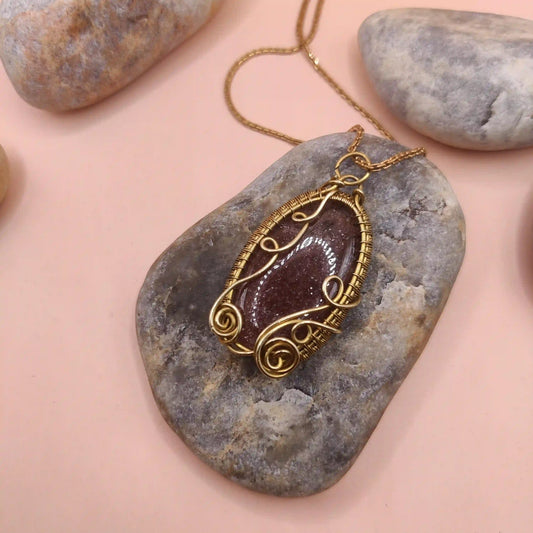 Manovriti - Strawberry Quartz Necklace In Brass 003 SA1 By Sanguine Aura Handcrafted Jewellery