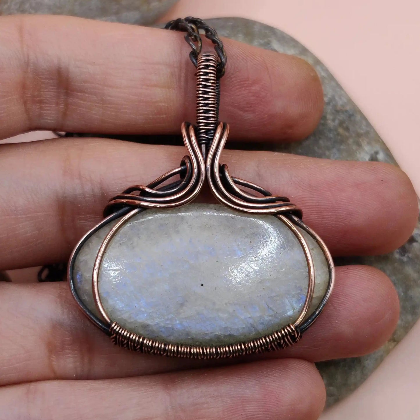 Maye 001 belomorite moonstone copper pendant designed by sanguine aura handcrafted crystal jewellery