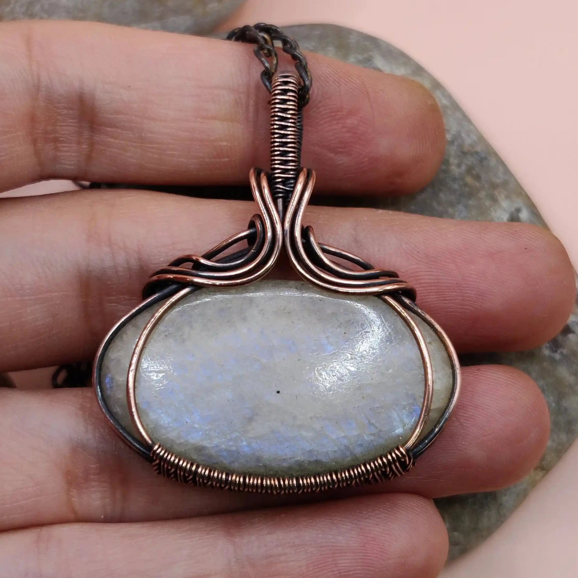Maye 001 belomorite moonstone copper pendant designed by sanguine aura handcrafted crystal jewellery