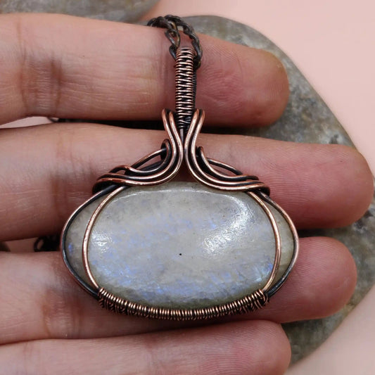 Maye 001 belomorite moonstone copper pendant designed by sanguine aura handcrafted crystal jewellery