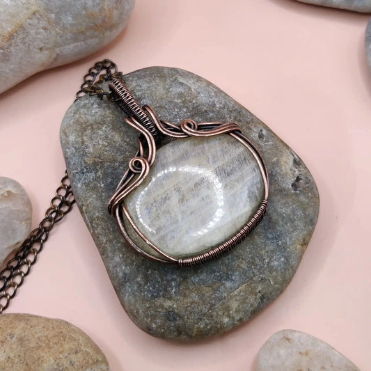 Maye 002 belomorite moonstone copper pendant designed by sanguine aura handcrafted crystal jewllery