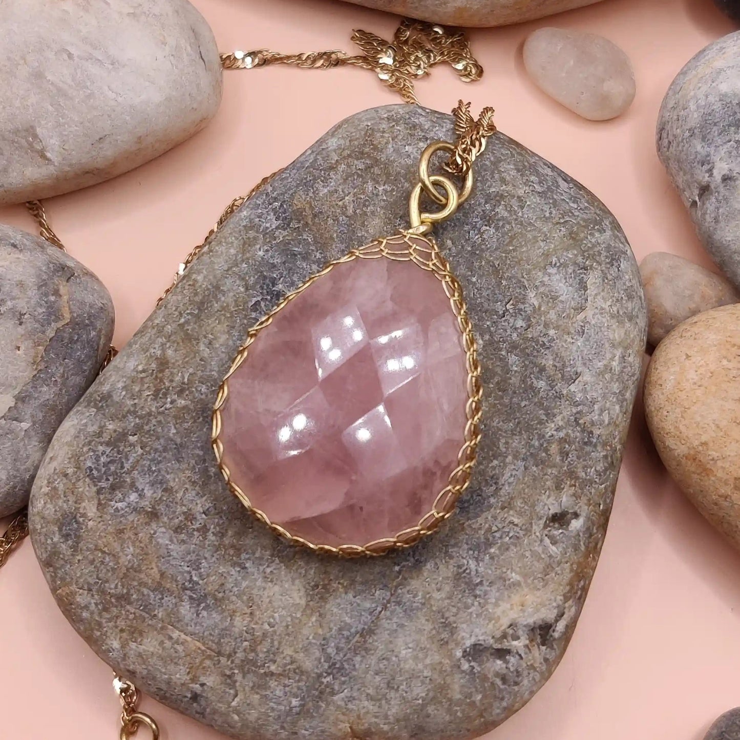 Meera rose quartz pendant in brass 002 by sanguine aura, India
