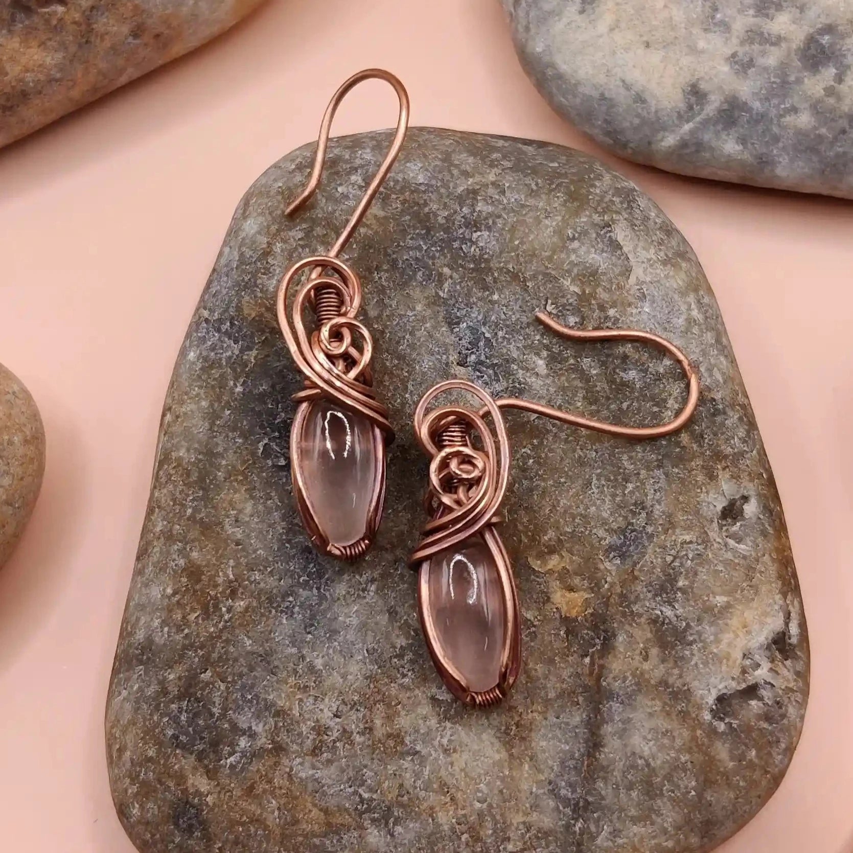 Mia high quality rose quartz copper earrings designed by sanguine aura handcrafted jewellery