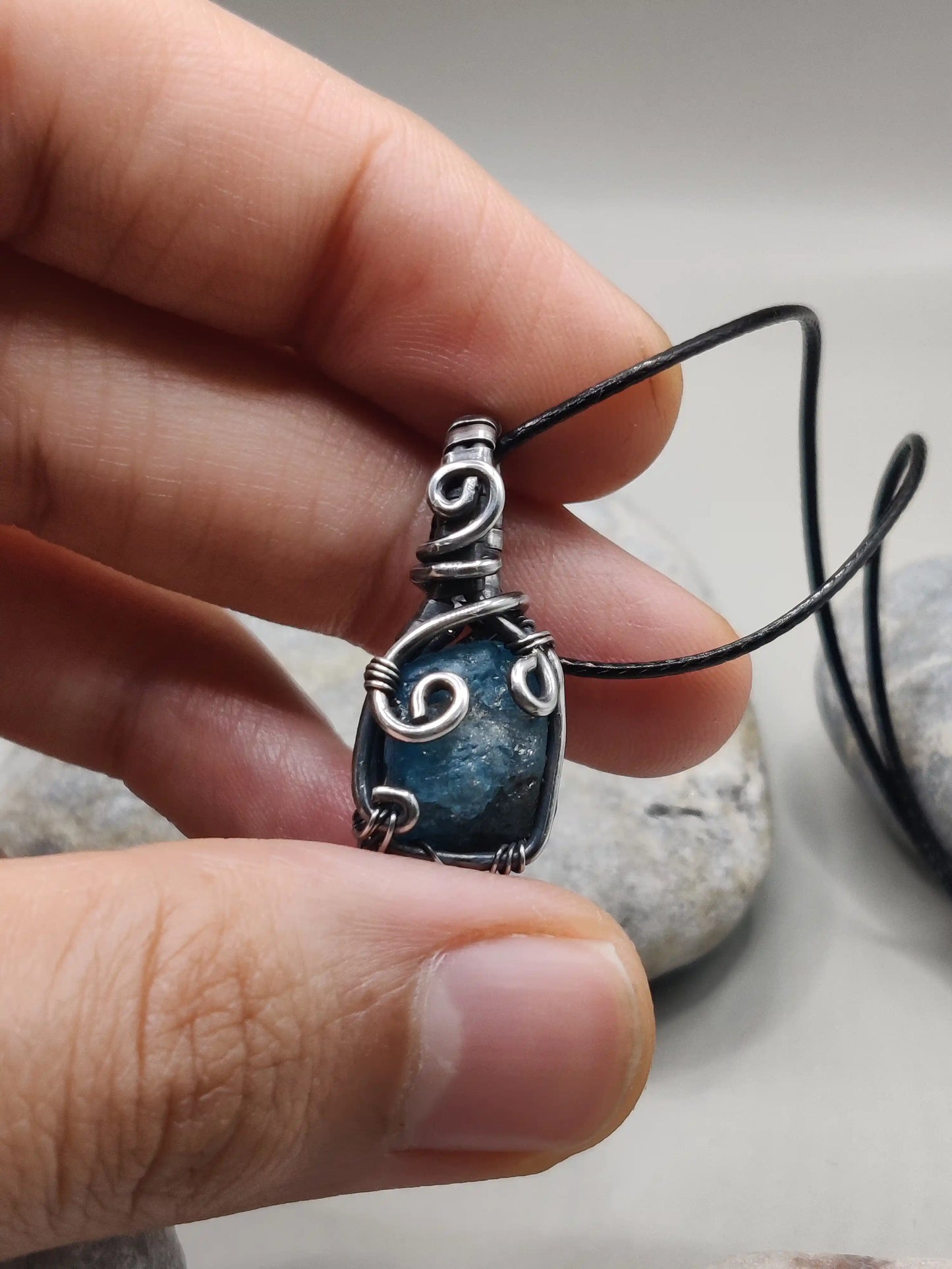 Neil Blue apatite sterling silver pendant 002 front view, handcrafted by sanguine aura crystal jewellery