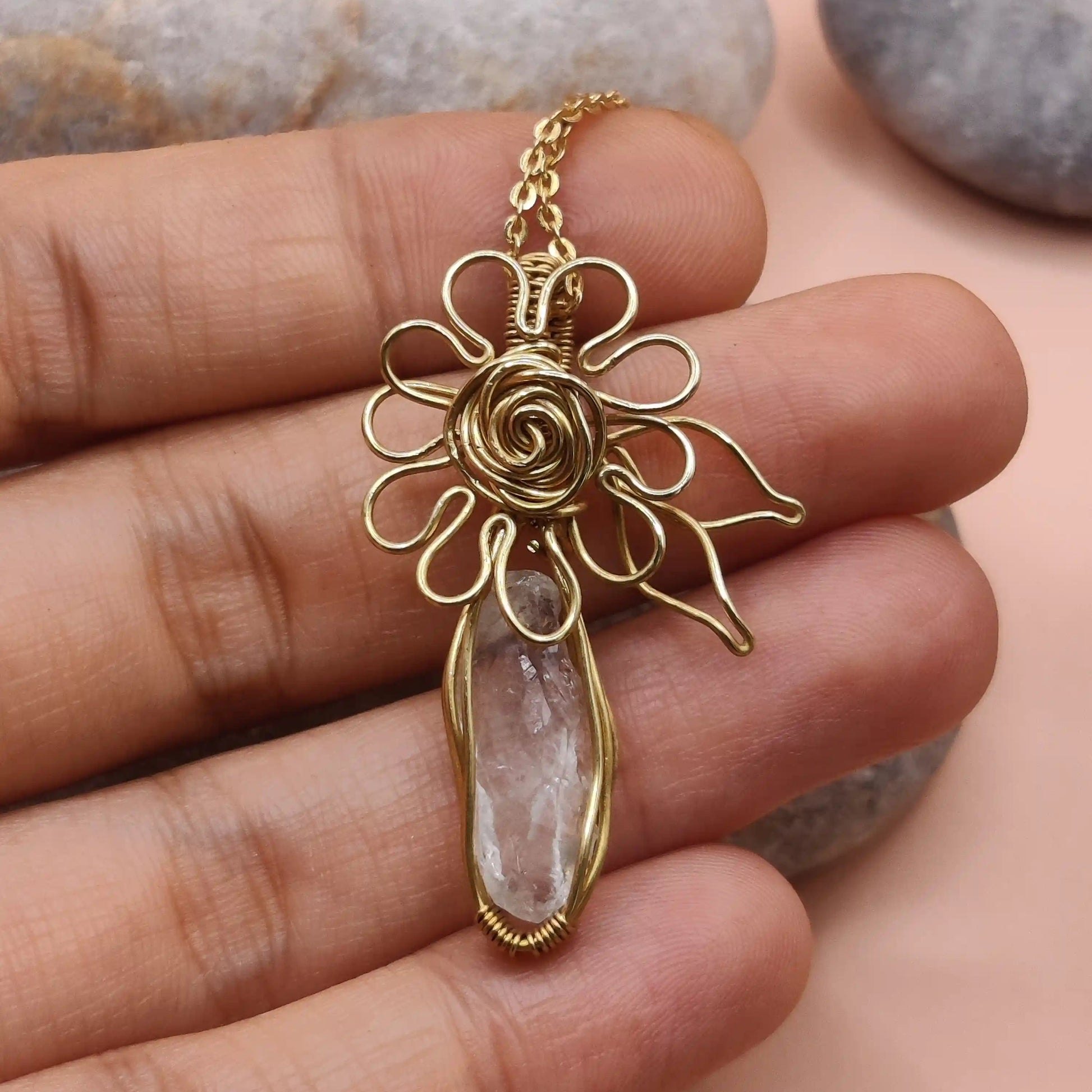 Niyati Prasiolite green amethyst pendant in brass 004 made by sanguine aura handmade jewellery, India